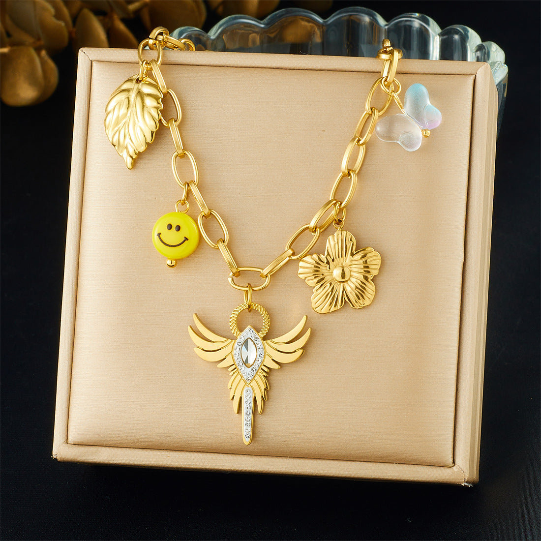 Luxury Elegant Gold Plated Stainless Steel Wings Cross Floral Leaf Smiley Face Rhinestone Necklace for Women