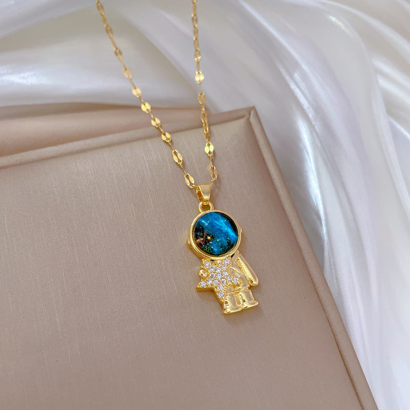 Collana Minimalista a Stella in Acciaio al Titanio con Intarsio di Strass per Donne e Uomini, Ciondolo Regolabile a Tema Astronauta su Catena in Acciaio Inossidabile