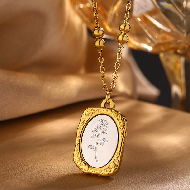 Luxury Minimalist Square Floral Plated Stainless Steel Necklace for Women