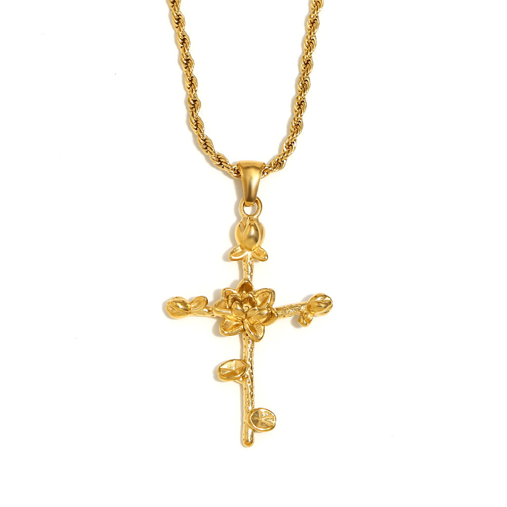 Vintage French-Style Floral Pendant Necklace in Stainless Steel with 18K Gold Plating for Women