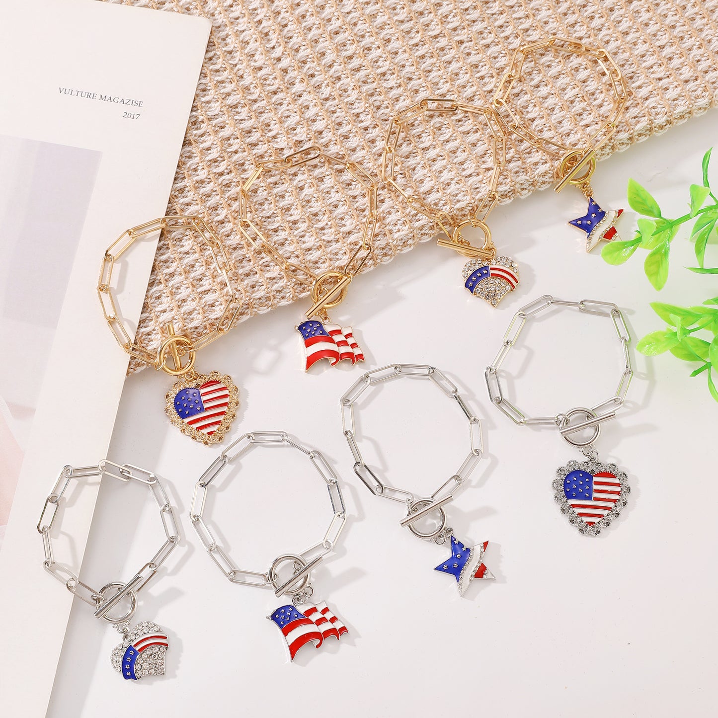 Patriotic Resin Beaded Bracelet Set with Heart Star Letter Charms and Rhinestone Accents