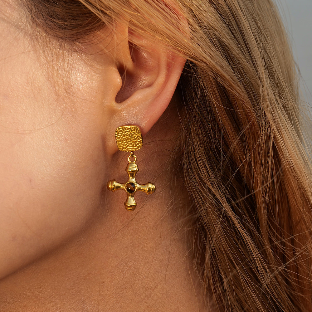 Fashion 18K Gold Plated Stainless Steel Cross Tiger Eye Stone Geometric Earrings for Women