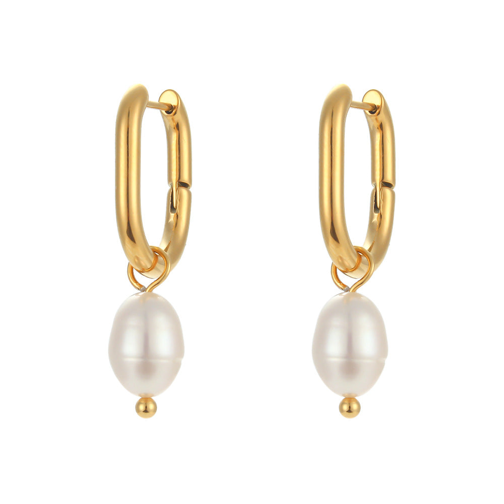 Fashion OL Geometric U-Shaped Stainless Steel 18K Gold Plated Hoop Earrings with Pearl Pendant for Women