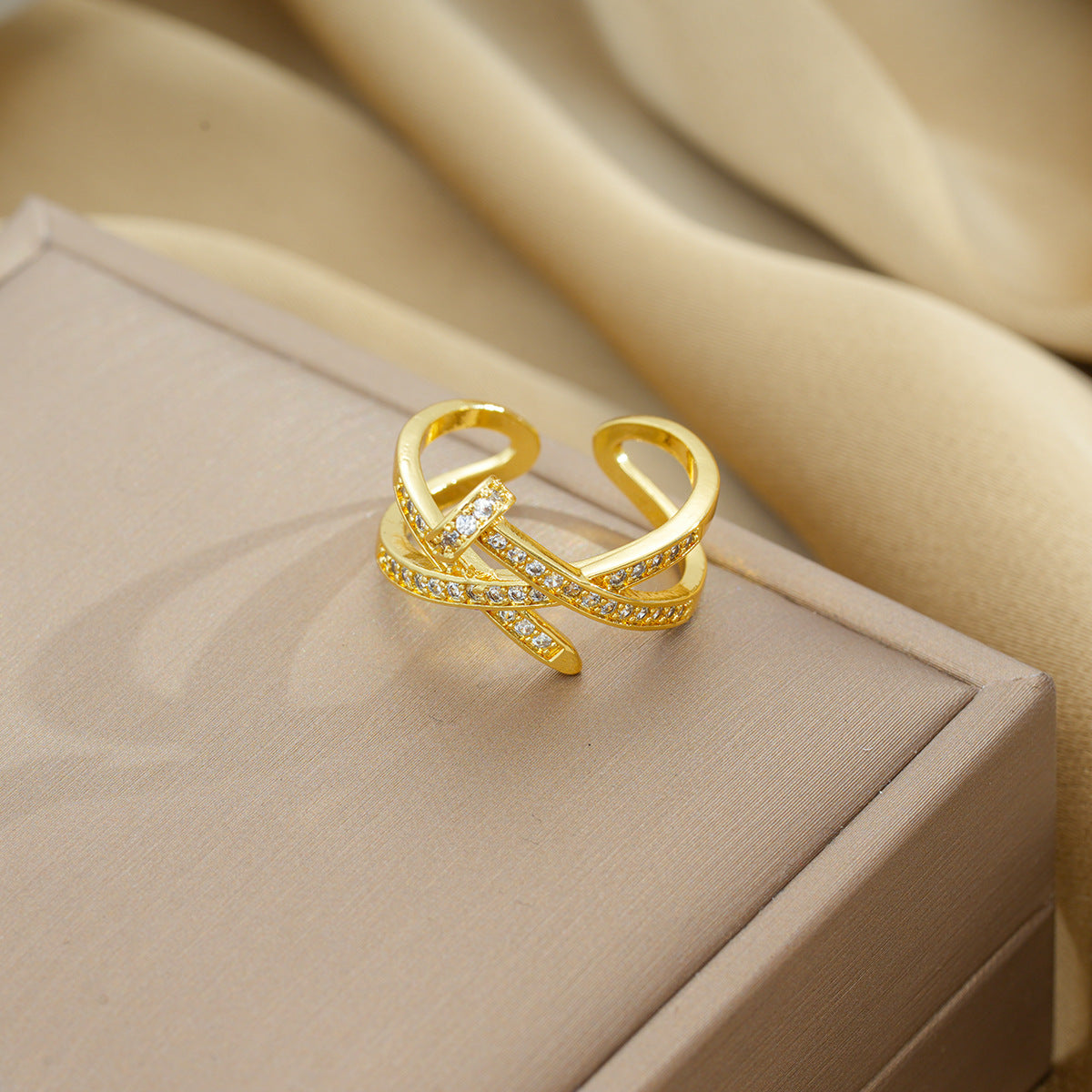 Minimalist Geometric Open Ring in Titanium Steel with Gold Plating and Full Zirconia Inlay for Women