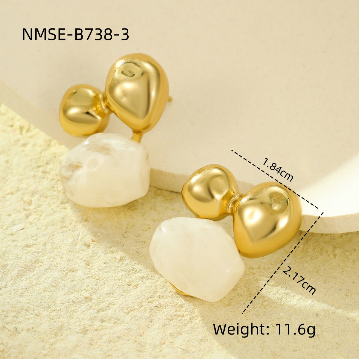 Orecchini Vintage in Acciaio Inossidabile a Forma di Fiocco con Intarsio in Resina e Placcatura Sottovuoto in Oro 18K