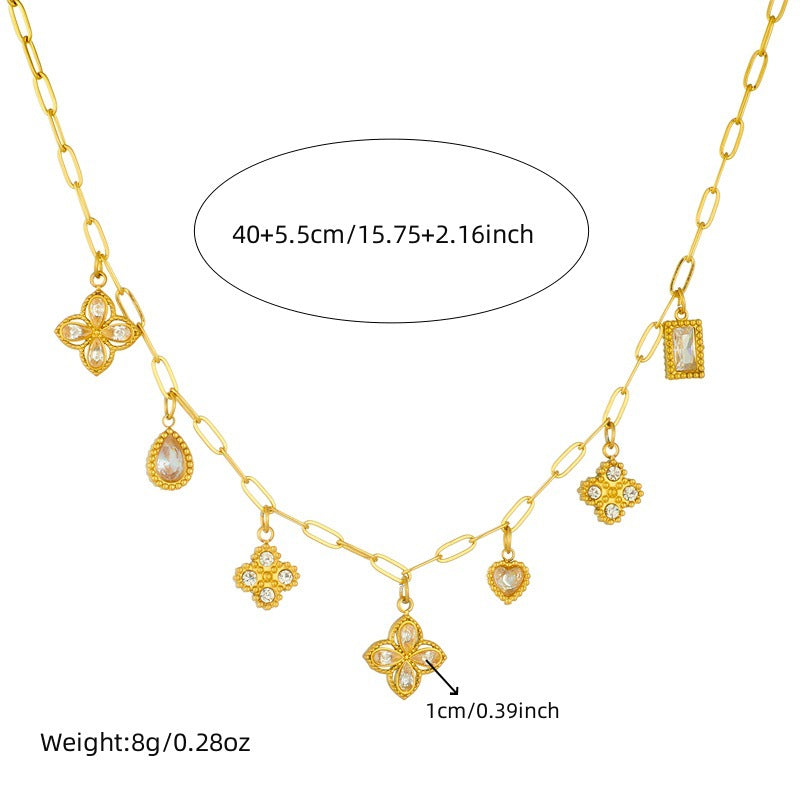 Vintage Elegant Rhinestone Teardrop Floral Geometric Plated Stainless Steel Pendant Necklace for Women