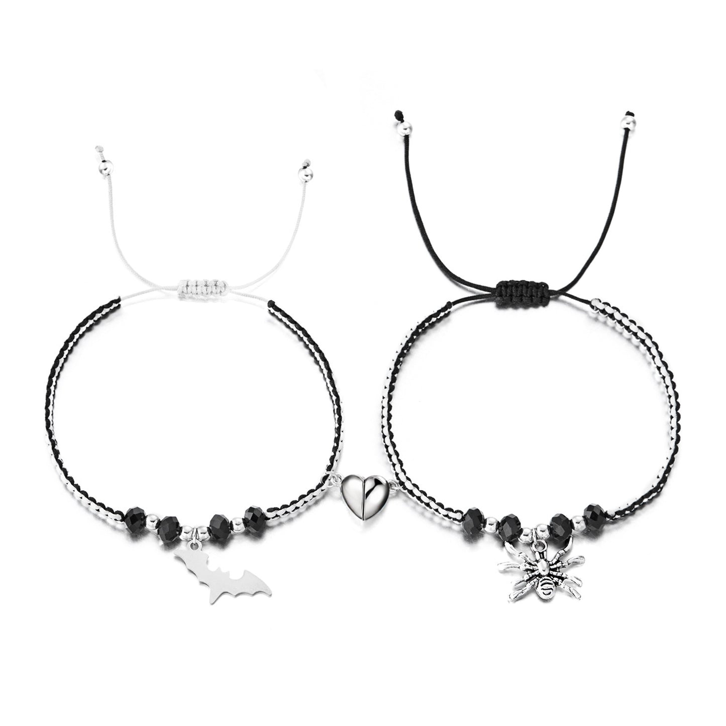 Bracciale di coppia magnetico intrecciato a tema Halloween con ragno e pipistrello e design a forma di cuore per uomo e donna