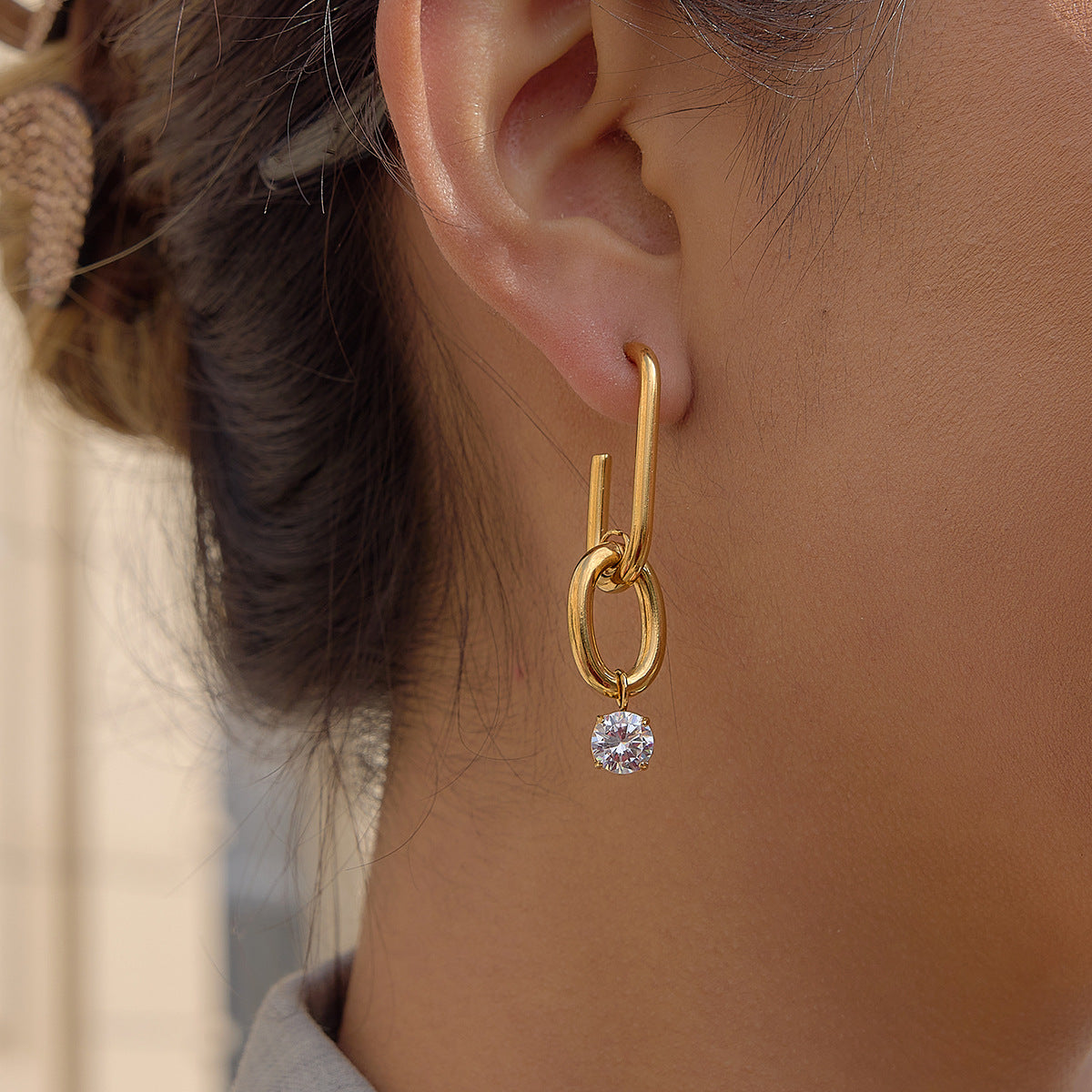 Minimalist Elegant Geometric Stainless Steel Plated Cubic Zirconia Earrings for Women