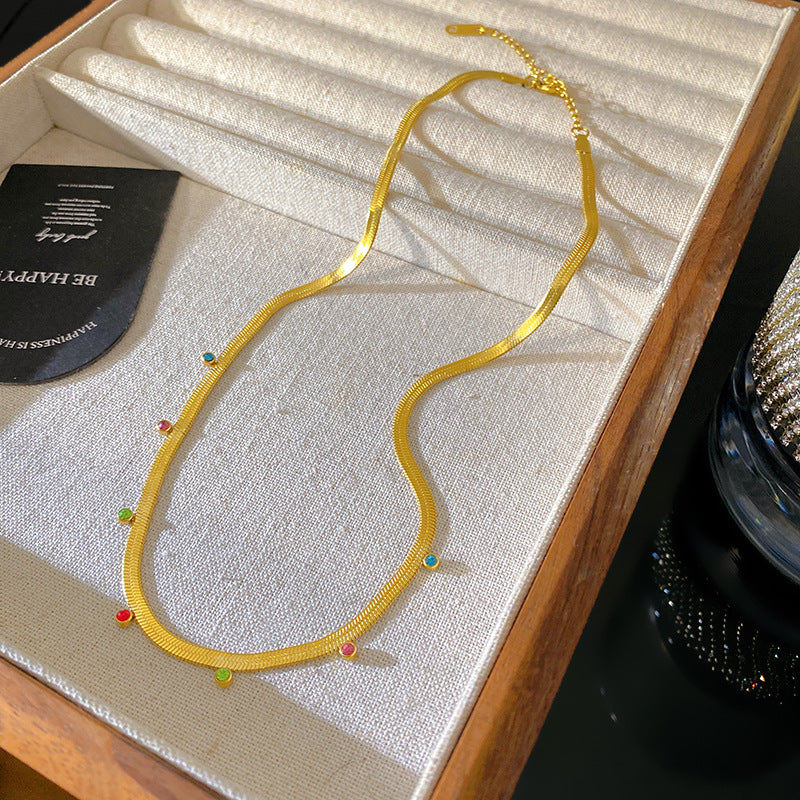 Sweet Streetwear Geometric Titanium Steel PVD Necklace with Cubic Zirconia and Flat Snake Chain