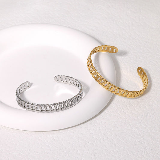 Bracciale Minimalista Regolabile in Acciaio Inossidabile con Placcatura in Oro 18K, Design Geometrico Ovale e Circolare, Stile Acciaio al Titanio Ipoallergenico