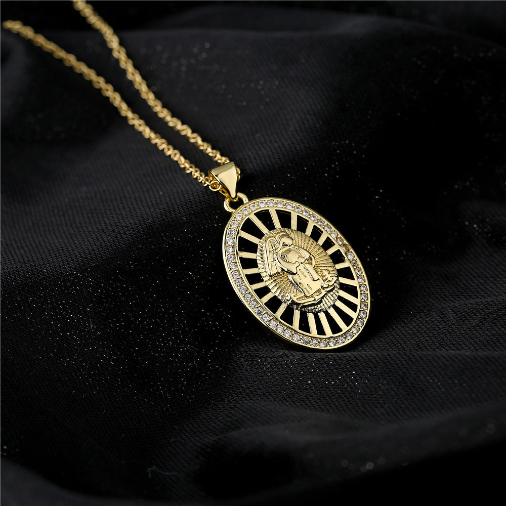 18K Gold Plated Geometric Brass Necklace with Micro-Inlaid Cubic Zirconia Pendant on Cable Chain