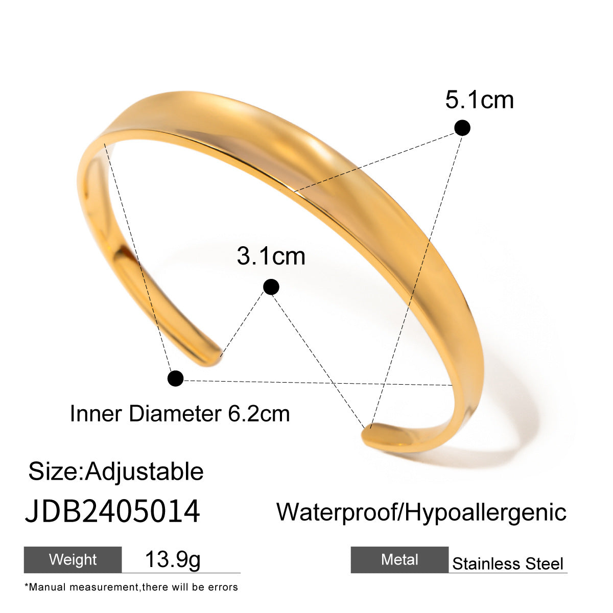 18K Gold Plated Hammered Geometric Irregular Wave Open Cuff Stainless Steel Bracelet