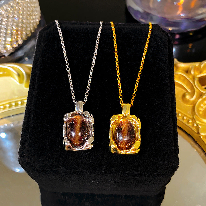 Minimalist Sweet Square Tiger's Eye Plated Titanium Steel Necklace Unisex Cable Chain