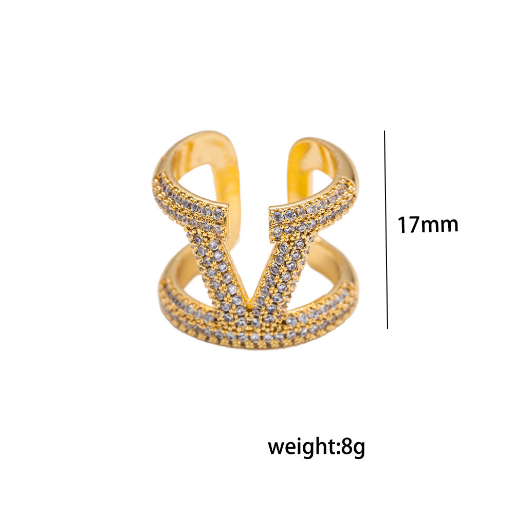 Anello aperto regolabile da donna in oro 18 carati con lettera V in zircone micro-pavé, stile minimalista moderno