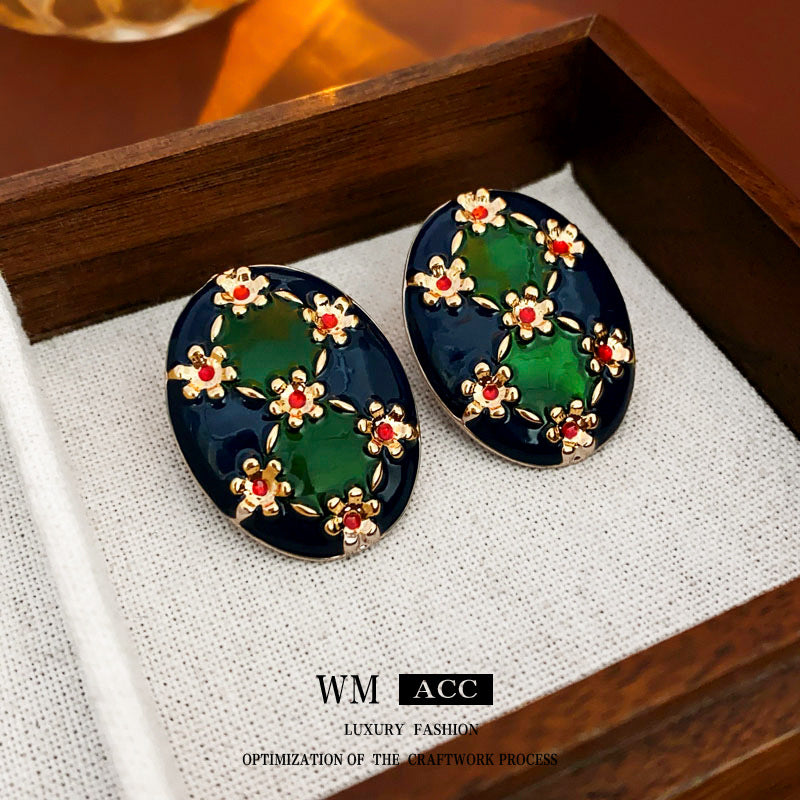 Vintage Floral Oval Enamel Earrings with Silver-Plated Copper Base and 14K Gold Posts for Women