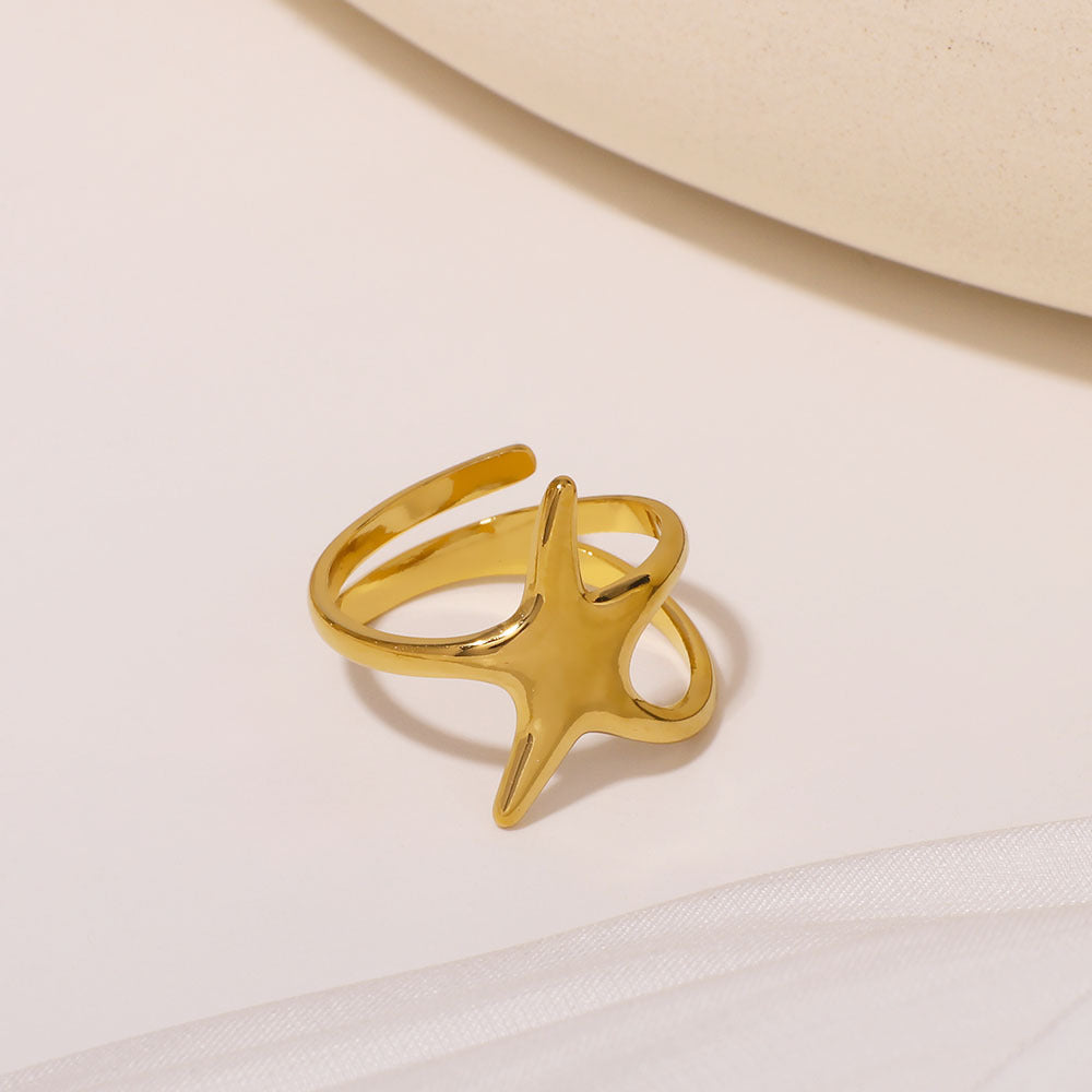 Modern Minimalist Stainless Steel Five-Point Star Ring with Asymmetrical Wire-Wrap Design