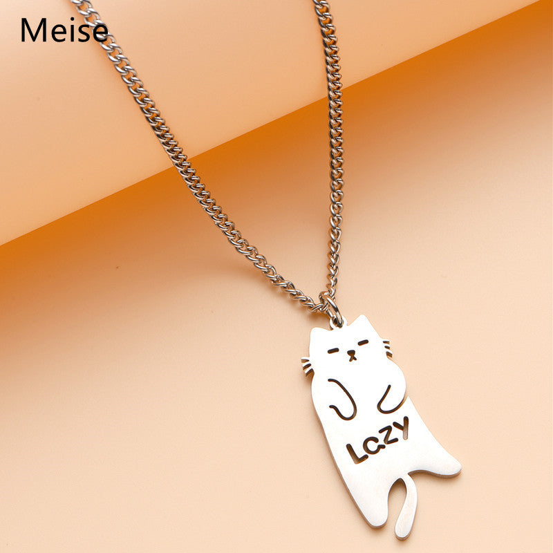 Minimalist Geometric Cat Pendant Necklace in Stainless Steel with Polished Titanium Steel Charm for Unisex Everyday Wear