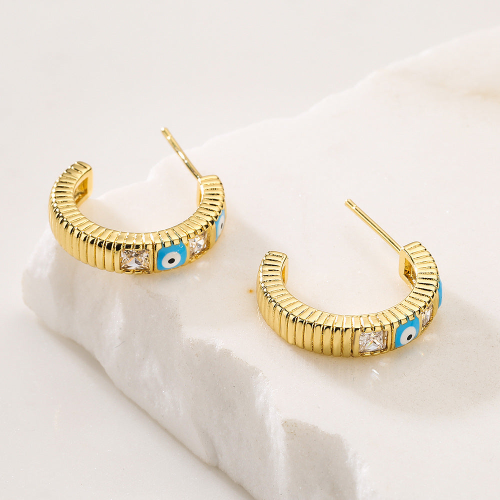 Vintage Geometric Eye-Shaped Copper Earrings with Gold Plating and Enamel Detail for Women