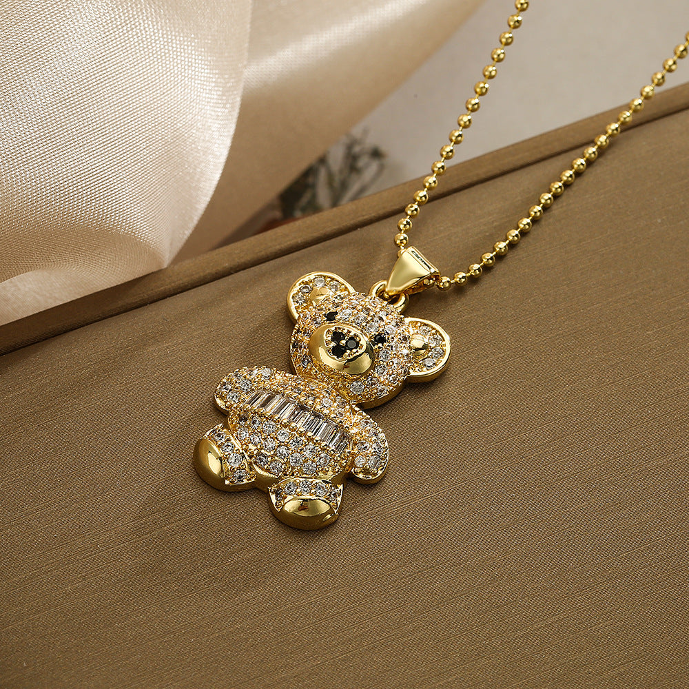 Collana Pendente Minimalista a Forma di Orso in Rame Placcato Oro 18K con Dettagli in Zircone per Donne