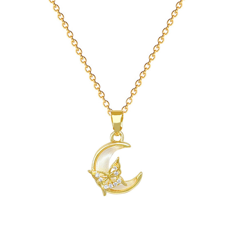 Sweet Elegant Moon Butterfly Rhinestone Shell Pendant Titanium Steel Necklace for Unisex