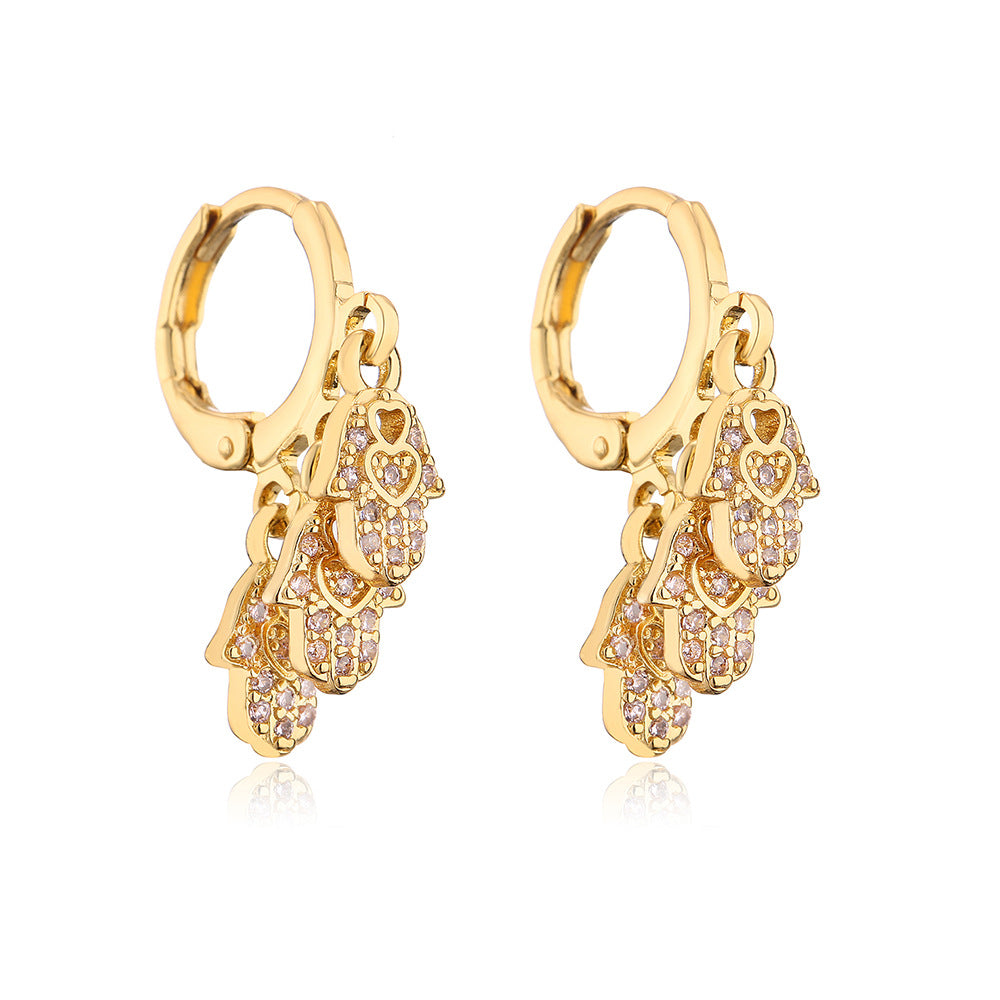 Minimalist Geometric Fatima Hand Pendant Earrings for Women with Copper Base Plated in 18K Gold and Micro-Paved Zirconia