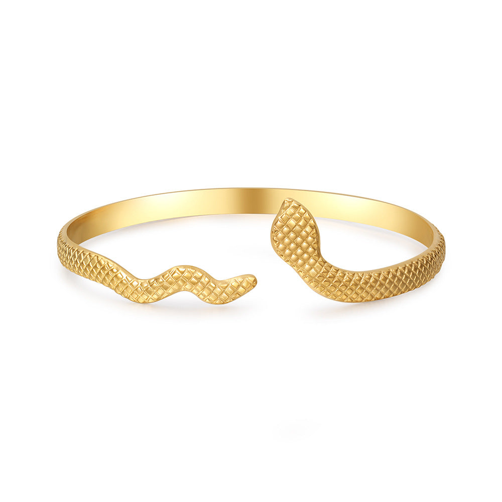 Ethnic Gold Plated Geometric Snake Pattern Checkered Titanium Steel Adjustable Cuff Bracelet for Women
