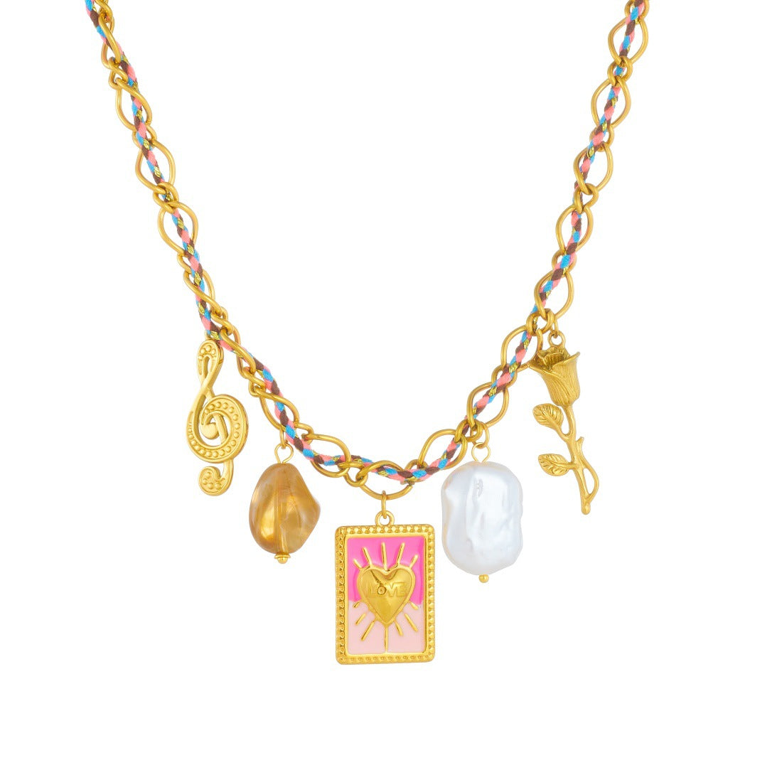 Sweet Streetwear Gold Plated Stainless Steel Heart Square Musical Note Pearl Pendant Necklace