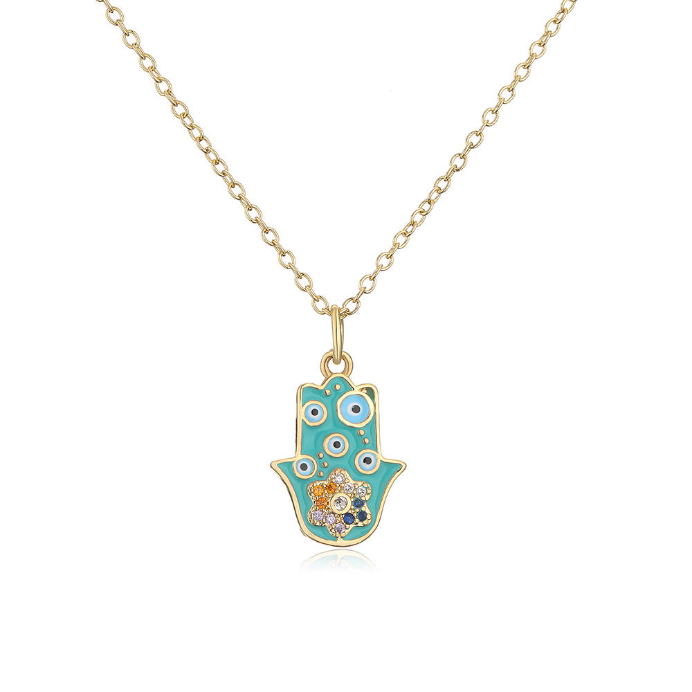 Minimalist Geometric Fatima Hand Pendant Necklace for Women in Copper with 18K Gold Plating and Enamel Finish Featuring Cubic Zirconia Accents