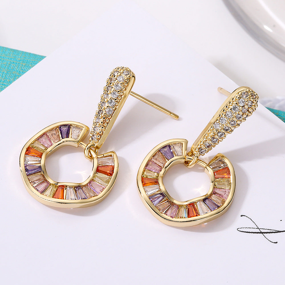 Geometric Heart-Shaped Copper Earrings with Real Gold Plating and Full Zirconia Accents for Women