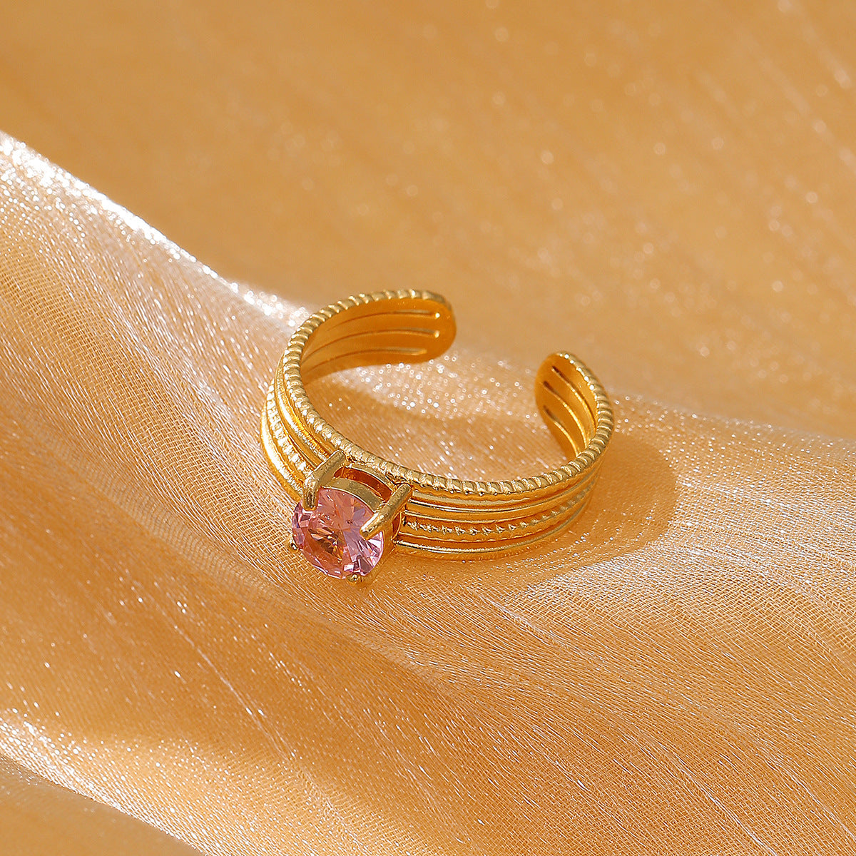 Minimalist Luxury Stainless Steel Ring with 18K Gold Plating and Colored Zirconia, Round Geometric Design for Women