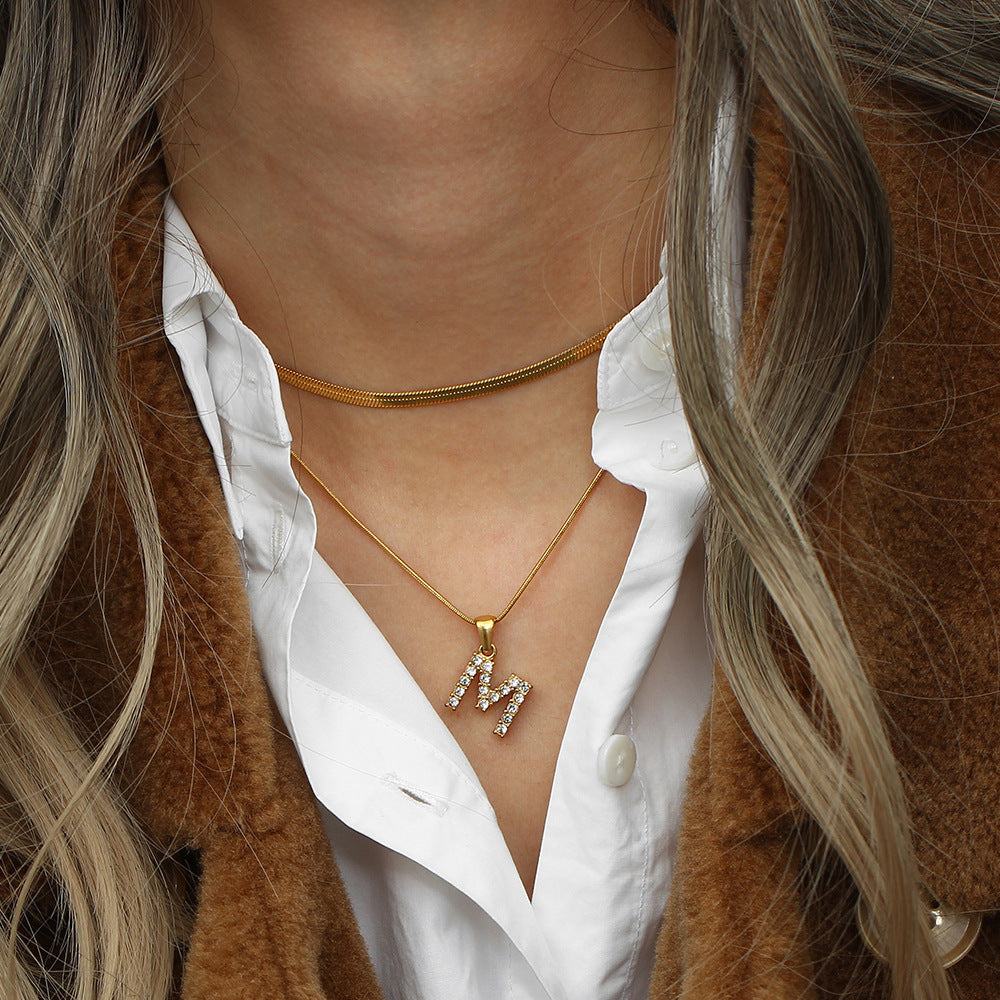 Fashionable Minimalist Letter Pendant Necklace in Stainless Steel with 18K Gold Plating and Cubic Zirconia on Double Snake Chain for Women