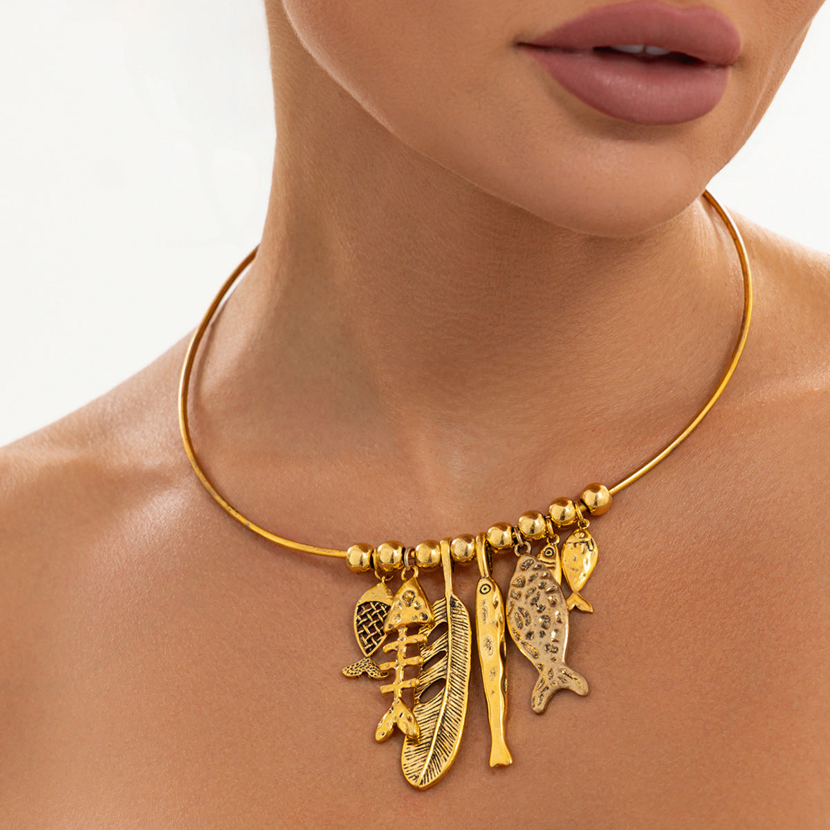 Vintage Geometric Fish Bone Pendant Zinc Alloy Brass Plated Ball Chain Choker Necklace