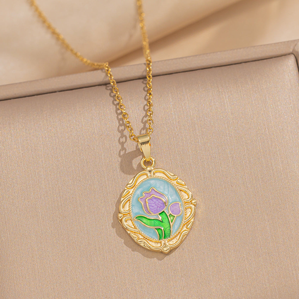 Baroque Style Leaf-Shaped Titanium Steel Necklace with Tulip Floral Motif, Vacuum-Plated for Hypoallergenic Wear, O-Chain Design