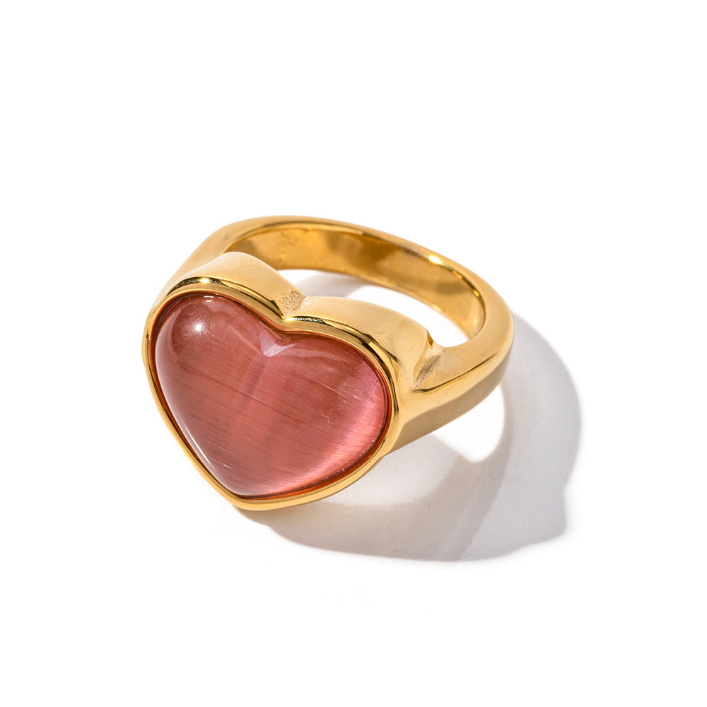 Trendy 18K Gold Plated Heart Pink Cat's Eye Stainless Steel Ring for Women