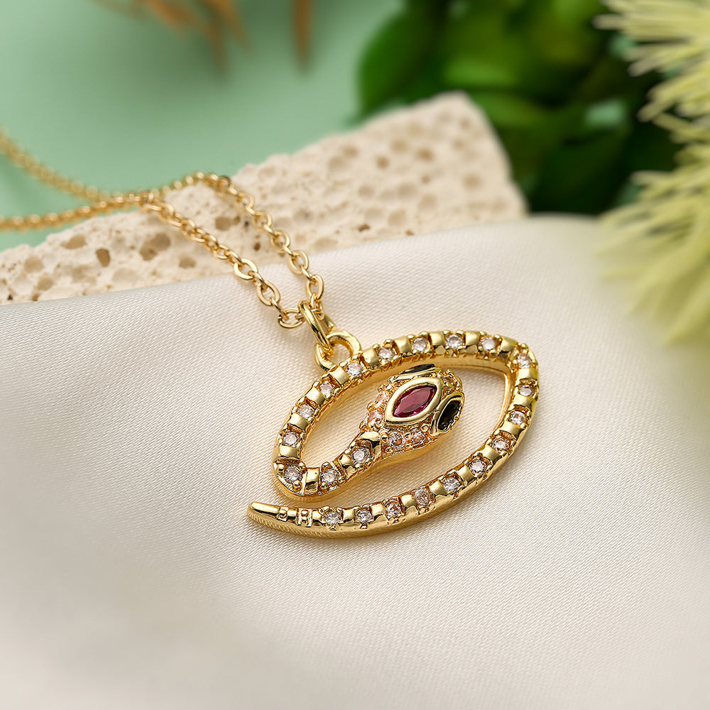 Bohemian Style Snake-Shaped Pendant Necklace for Women with Copper Base and Real Gold Plating, Zircon Inlay, Geometric Design