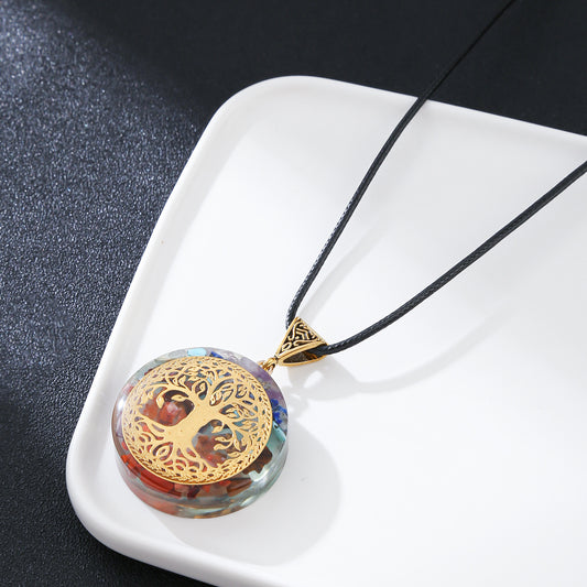 Collana con pendente in resina a U geometrico e intarsi in pietra naturale colorata, stile hip-hop unisex
