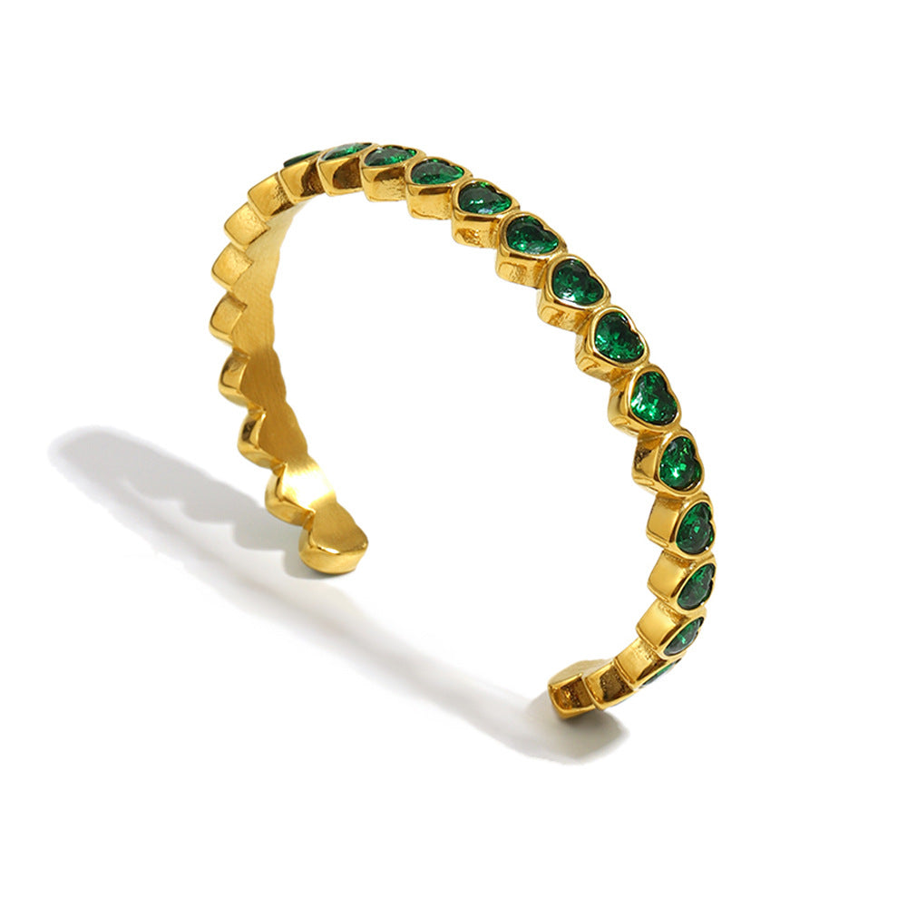 Minimalist Heart-Shaped Stainless Steel Plated 18K Gold Zirconia Full-Pavé Bracelet for Women