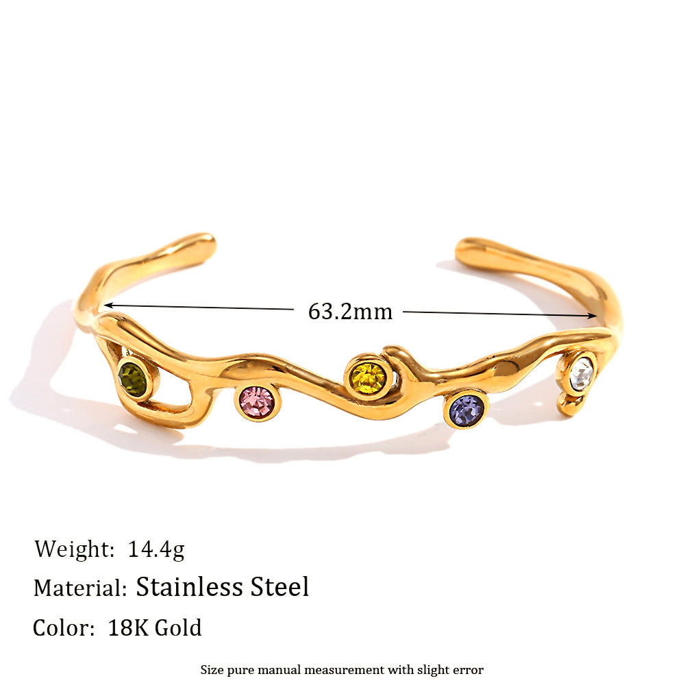 Fashionable Minimalist Branch-Shaped Stainless Steel Plated 18K Gold Colorful Rhinestone Bracelet for Women