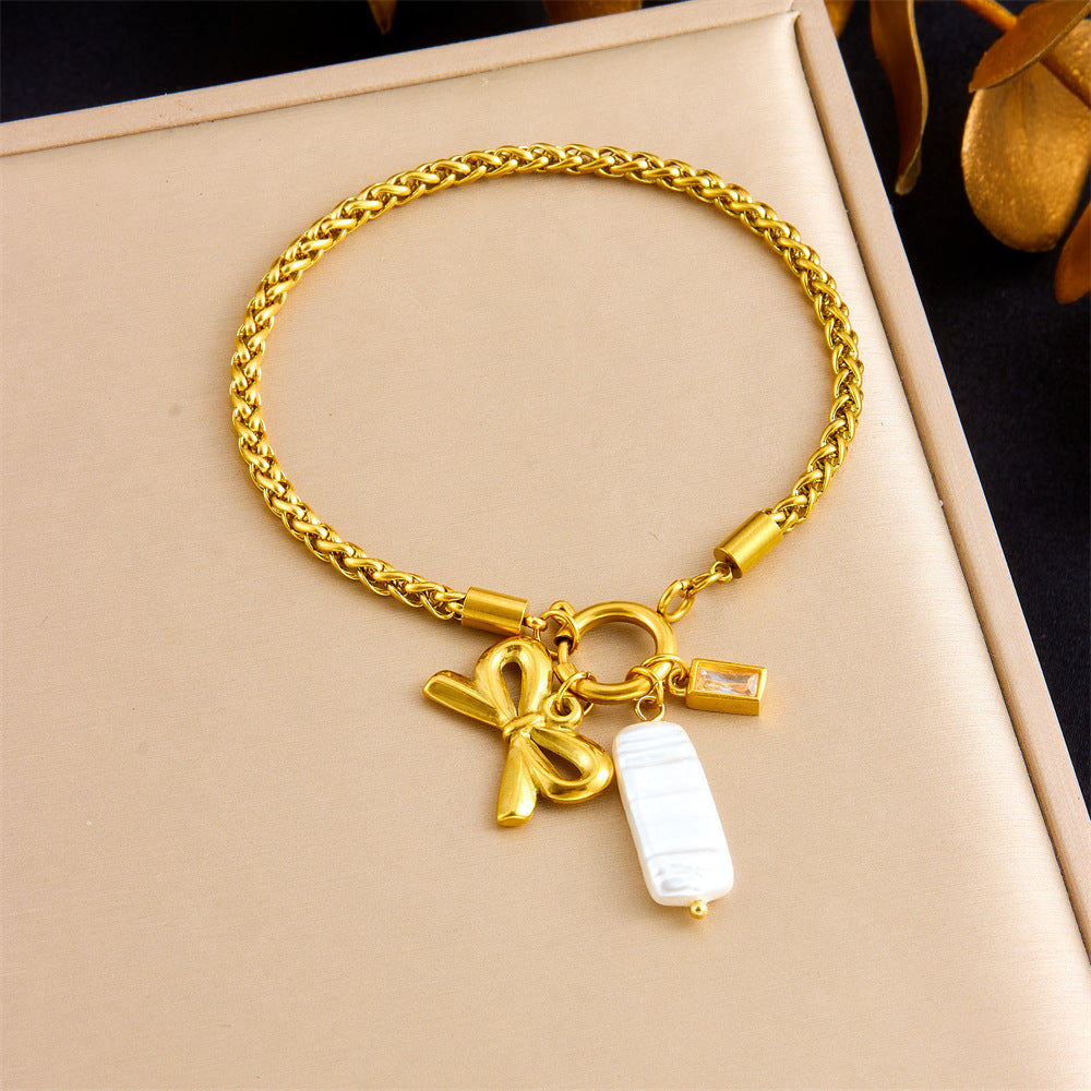 Minimalist Elegant Gold Plated Rope Chain Stainless Steel Bracelet with Shell Bow Pendant