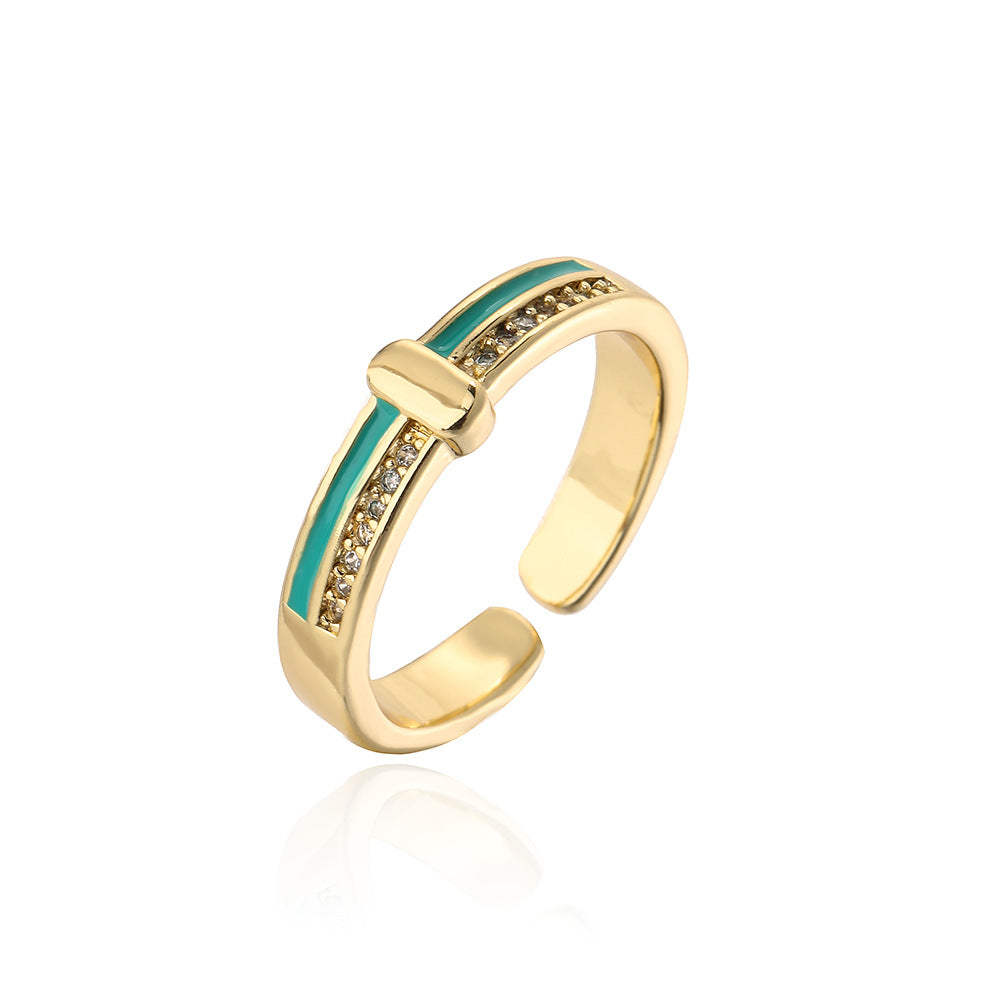 Anello minimalista geometrico in rame con placcatura in oro vero e accenti di zirconi smaltati da donna