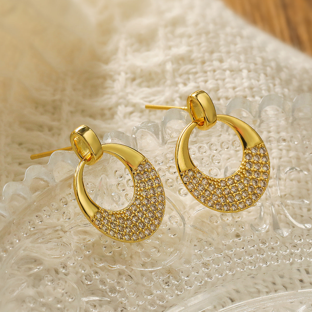 Geometric Earrings for Women with Copper Base and 18K Gold Plating, Micro-Paved Zirconia, Vintage-Inspired Minimalist Design