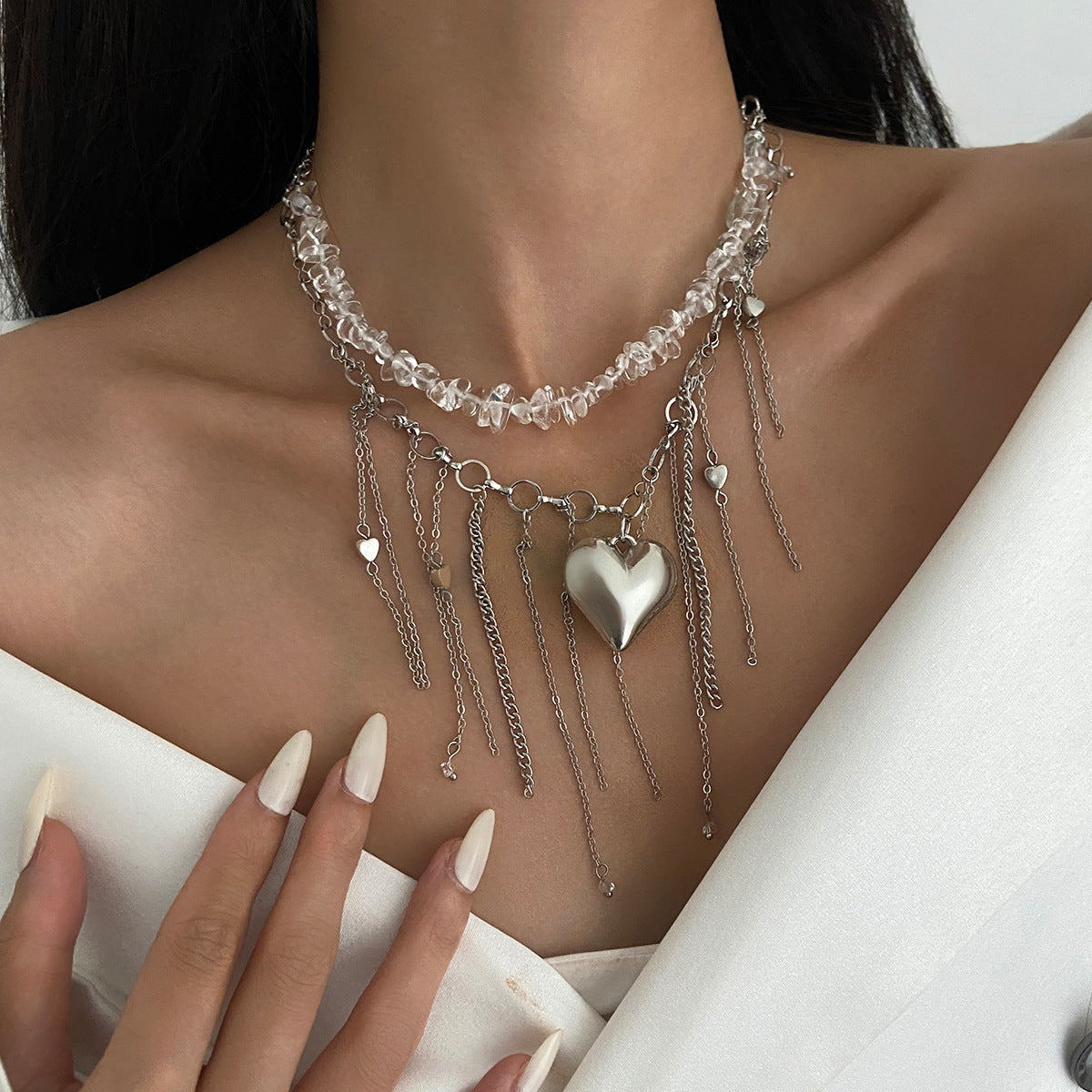 Sweet Heart Shaped Alloy Pendant Necklace with Turquoise and Imitation Pearl Plated Chain for Women