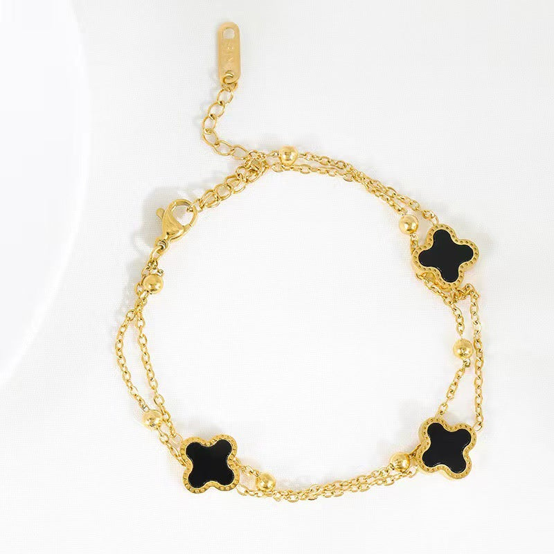 Original Design Geometric Four-Leaf Clover Roman Numeral Double-Layer Bracelet in Titanium Steel with Gold Plating