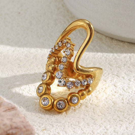 Minimalist Wave-Shaped Stainless Steel Ring with 18K Gold Plating and Zircon Accents for Women