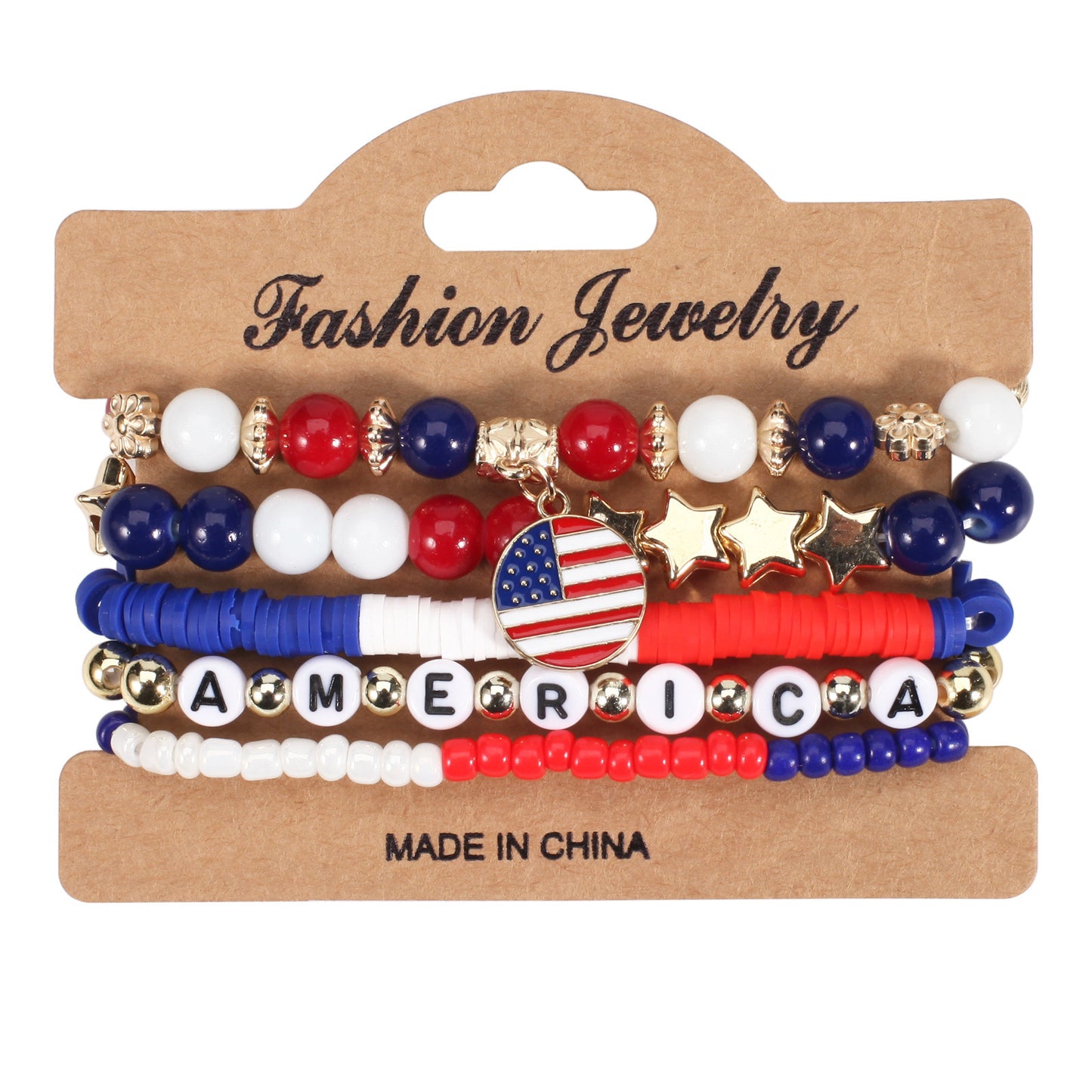 Unisex Red White Blue Resin Crystal Beaded Bracelet with Floral Pattern