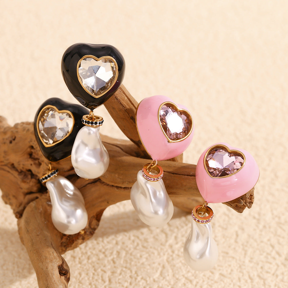 Fashionable Heart-Shaped Stainless Steel Earrings with 18K Gold Plating and Enamel Finish for Women