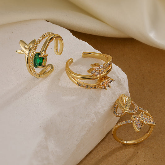 Minimalist Geometric Butterfly and Wheat Motif Open Ring for Women in Copper with 18K Gold Plating and Zircon Inlay
