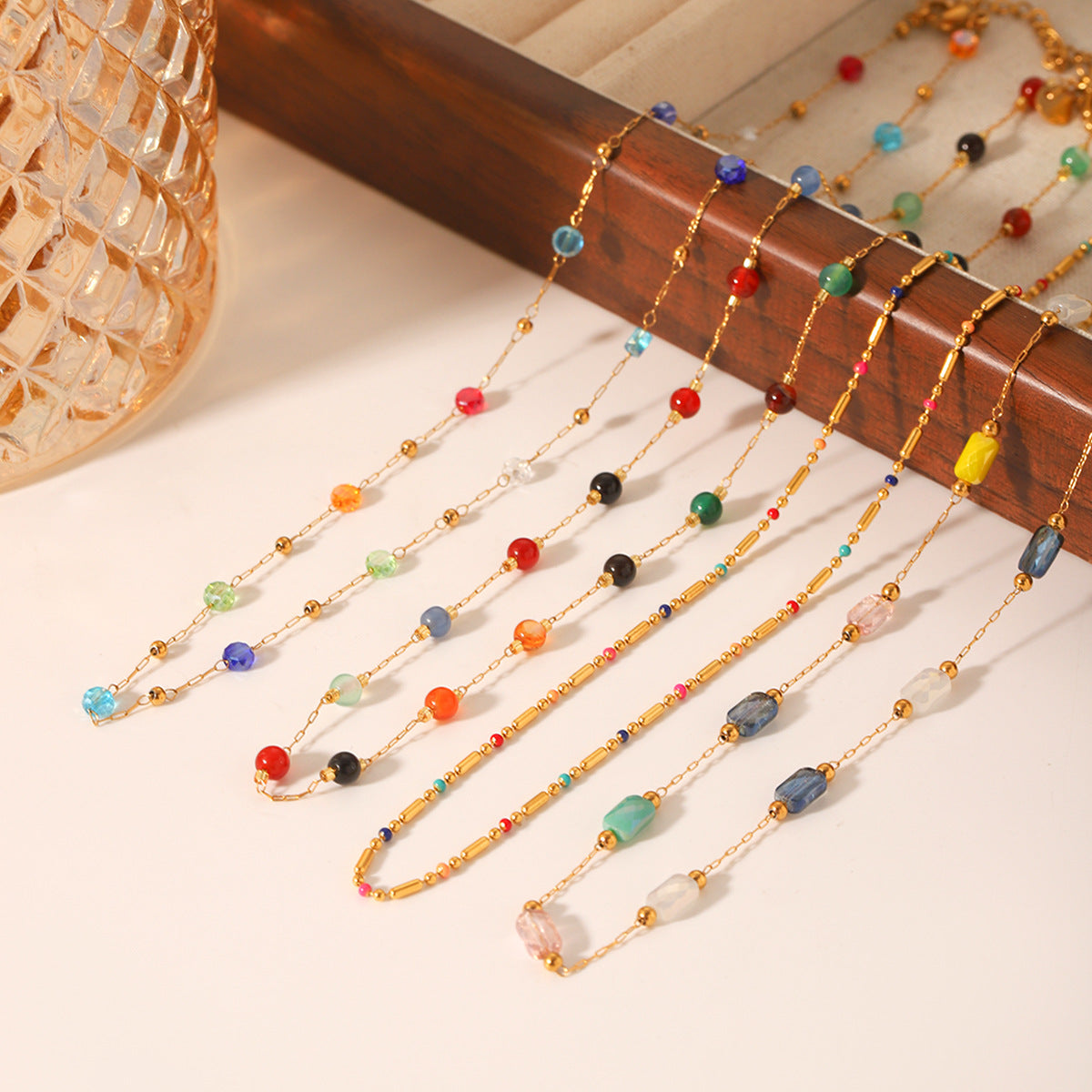 Bohemian Style Geometric Stainless Steel Beaded Necklace for Women with Natural Stone Accents and Clavicle Chain Design