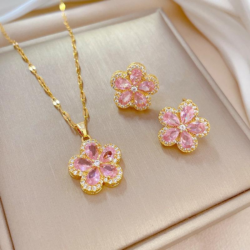 Parure di Orecchini e Collana in Rame Placcato con Zirconi Geometrici di Lusso