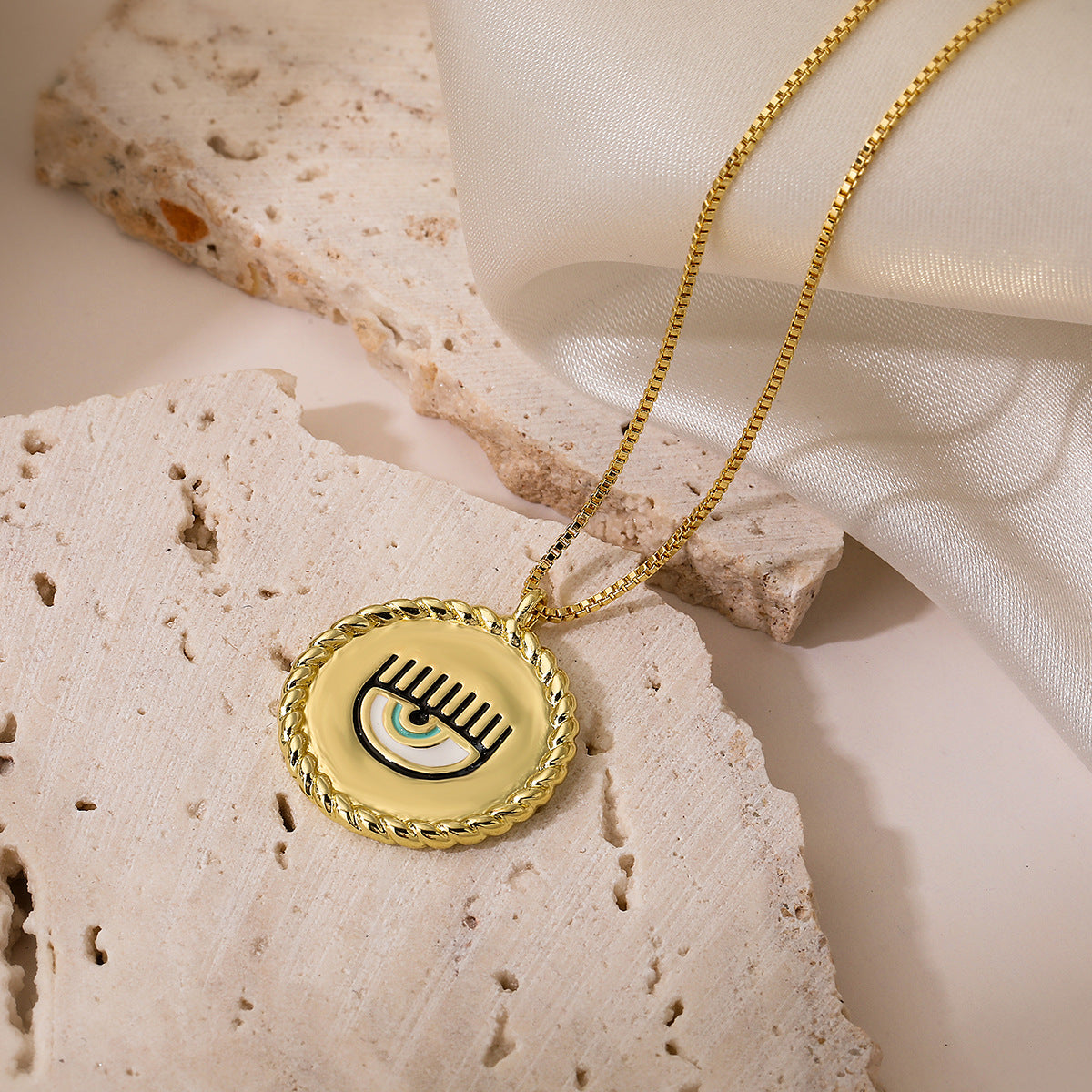 Vintage 18K Gold Plated Brass Drip Oil Geometric Evil Eye Pendant Necklace for Women